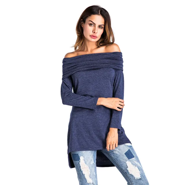 K8397 European And American Sexy One word With Hat Long Sleeve Short Front And Long Back Hem Nightclub Blue - Shop at LoveMi