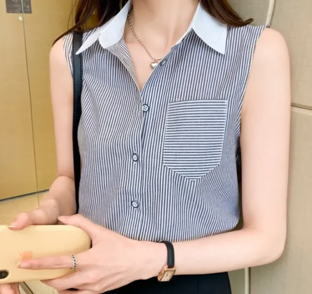 Women's Creative Casual Sleeveless Chiffon Striped Shirt 9620 Black Stripes - Shop at LoveMi