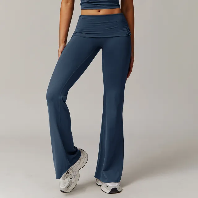 Wool Pleated Yoga Fold High Waist Running Sports Skinny Versatile Bell bottom Pants Women Gray Blue - Shop at LoveMi