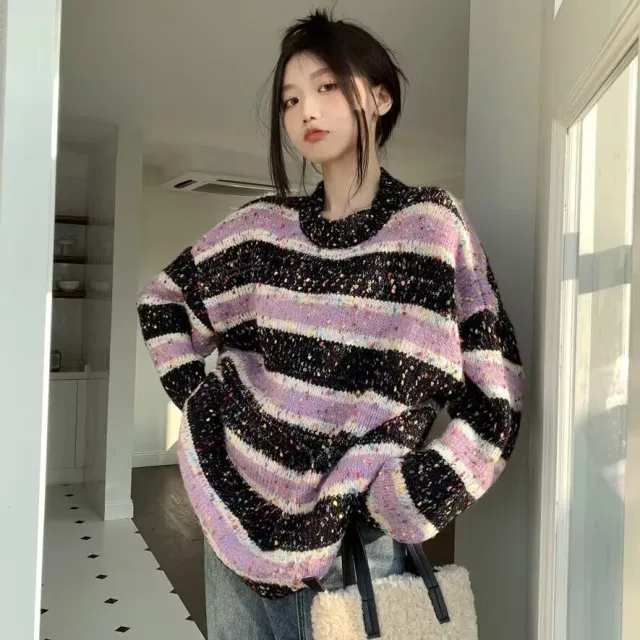 American Style Retro Design Striped Round Neck Sweater Idle Style Loose Outerwear Knitwear Black - Shop at LoveMi