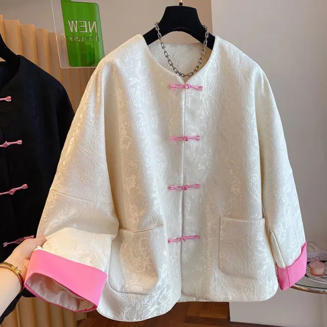 Jacquard National Wind Knot Button Jacket For Women Beige - Shop at LoveMi