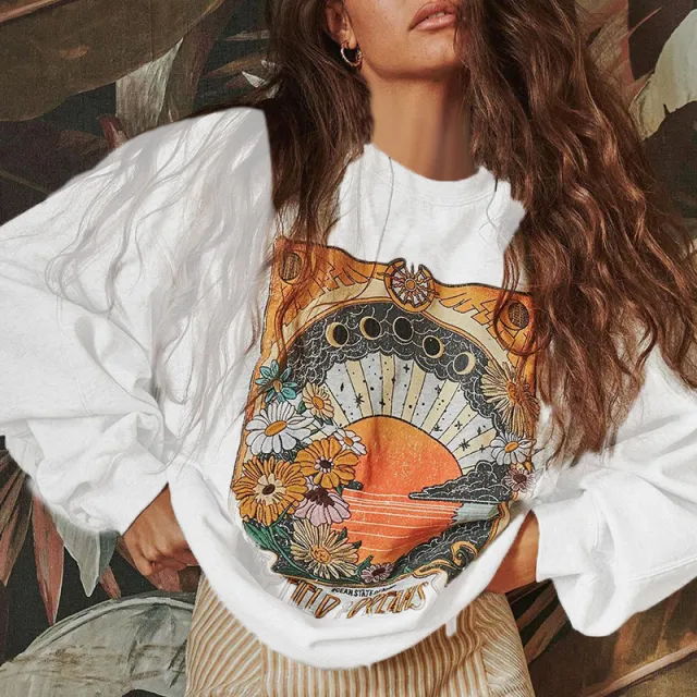 Women's Knitted Round Neck Print Long Sleeves Sweater White - Shop at LoveMi