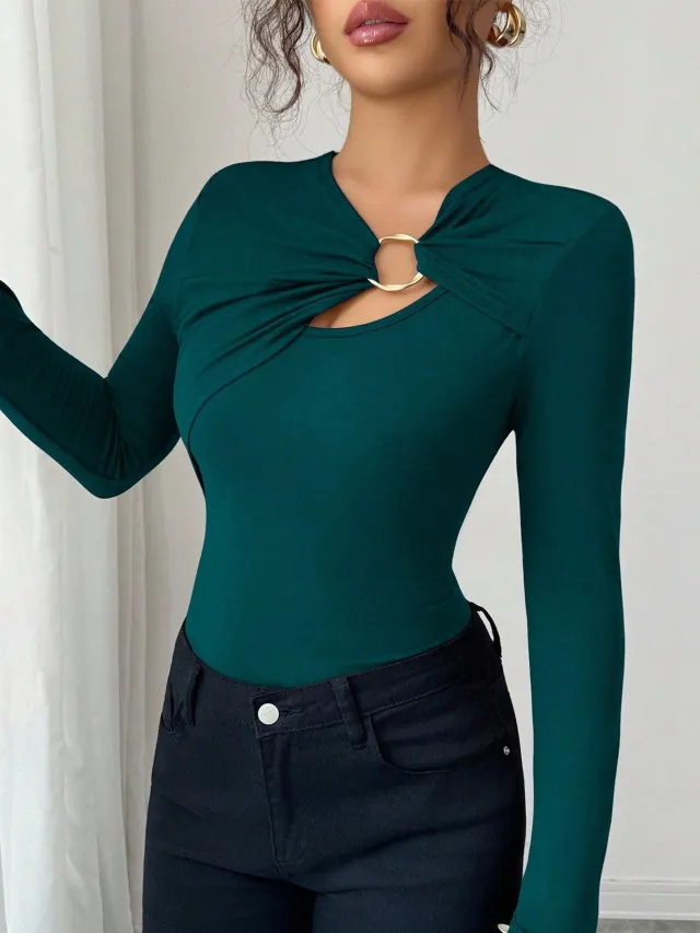 Asymmetric Hollow Metal Trim Slim Top Peacock Green - Shop at LoveMi