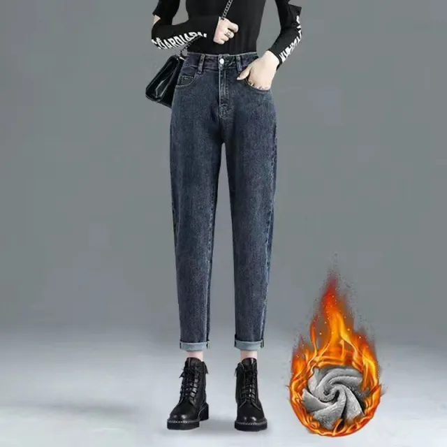 Women's Fashion Simple High Waist Cropped Jeans Blue Gray With Velvet - Shop at LoveMi