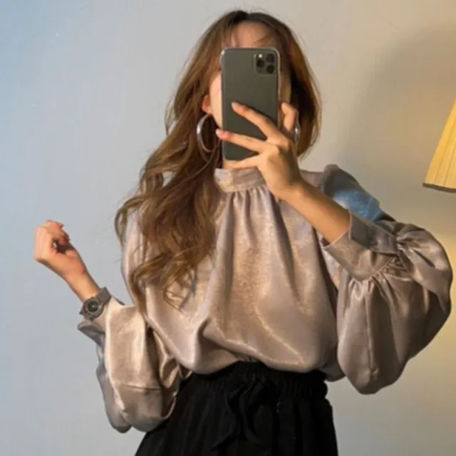 Early Autumn French Fashion Stand Collar Personalized All match Lantern Sleeve High grade Satin Shirt Tan - Shop at LoveMi