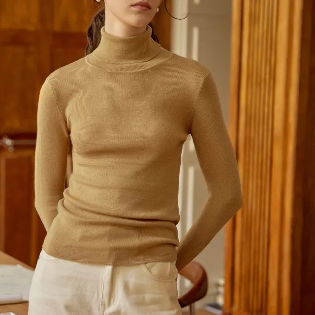 Slim Fit Slimming Long Sleeves Knitwear Solid Color Top Camel - Shop at LoveMi