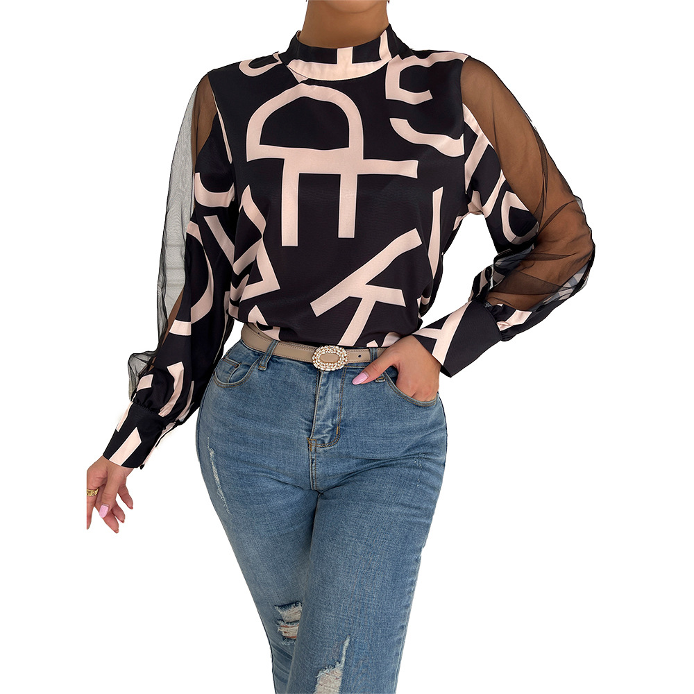 Geometric Print Stitching Mesh Round Neck Pullover Top