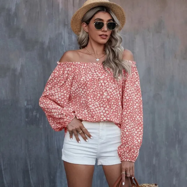 Women's Off shoulder Printed Long Sleeve Loose Shirt Pink - Shop at LoveMi