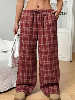 Women's Casual All-match Loose Drawstring Plaid Pocket Trousers - Red - View 1