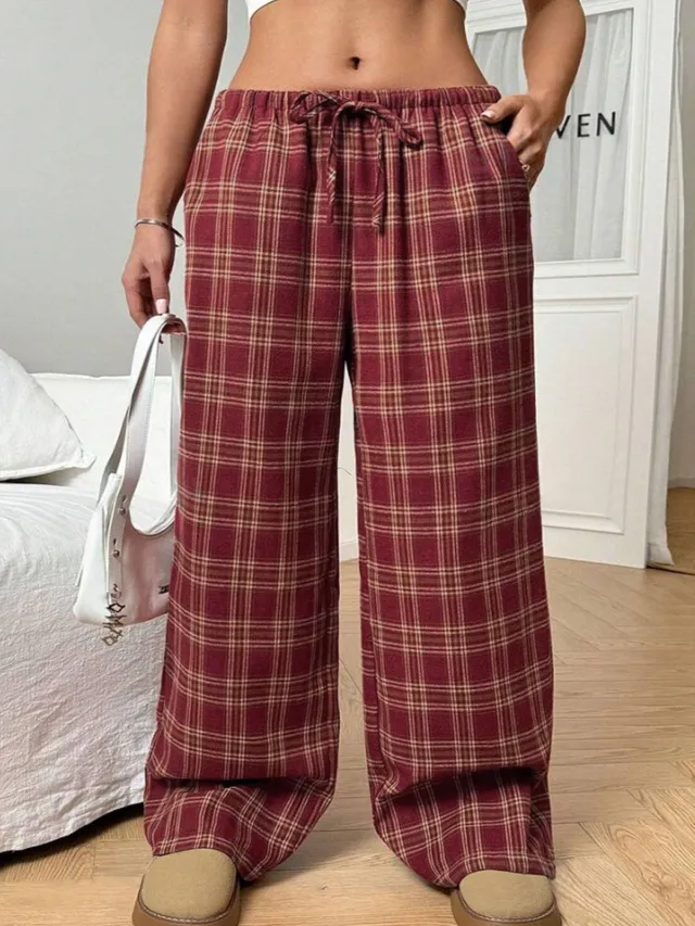Women's Casual All match Loose Drawstring Plaid Pocket Trousers Red - Shop at LoveMi