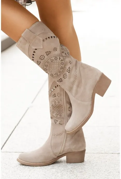 Autumn And Winter Mid Heel Suede Burnt Flower 40 43 Side Zipper High Boots, Female Gray - Shop at LoveMi