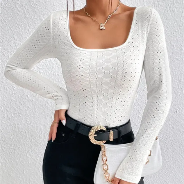 Women's Autumn Niche Slim Fit Square Collar Long sleeved T shirt White - Shop at LoveMi