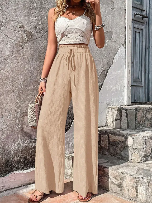 Fashionable All match Bubble Plaid Casual Wide leg Pants Apricot - Shop at LoveMi
