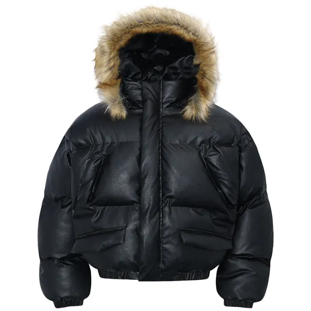 Retro style Padded Cotton Coat With A Thick Fur Collarunisex 6393 Black - Shop at LoveMi