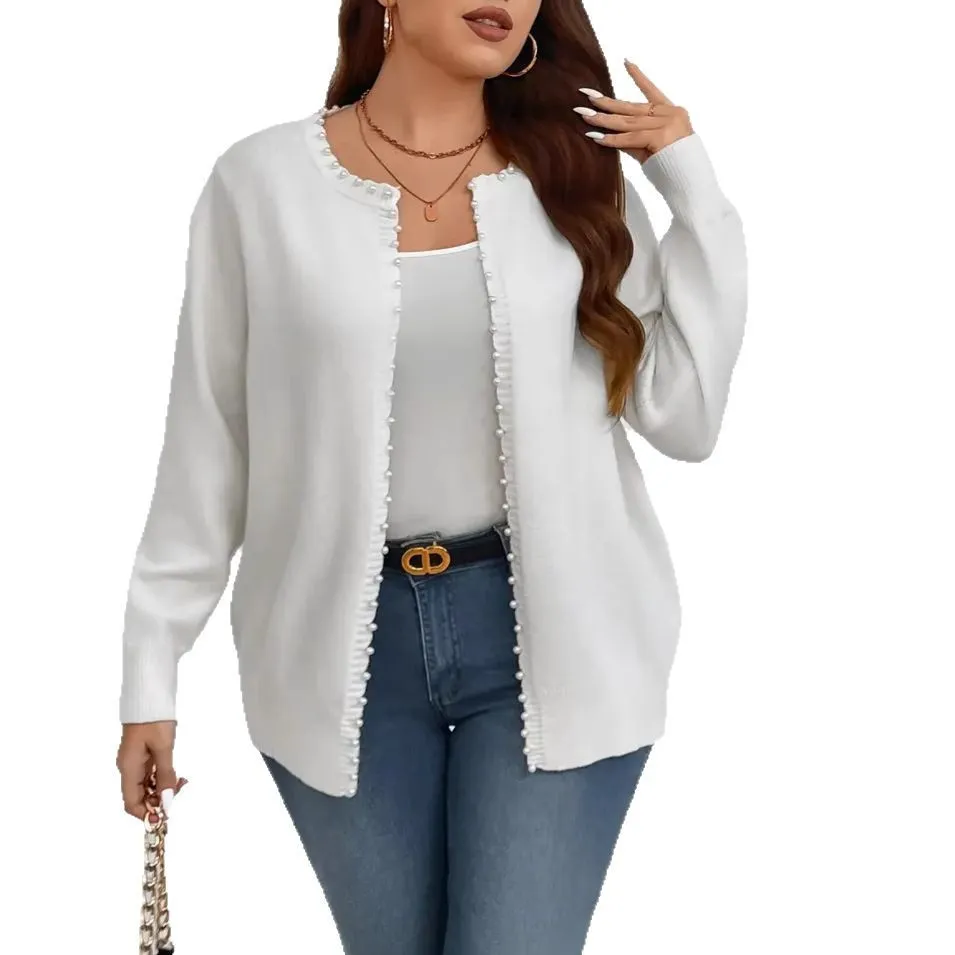Solid Color Pearl Trim Long Sleeve Cardigan Plus Size Knitwear - White