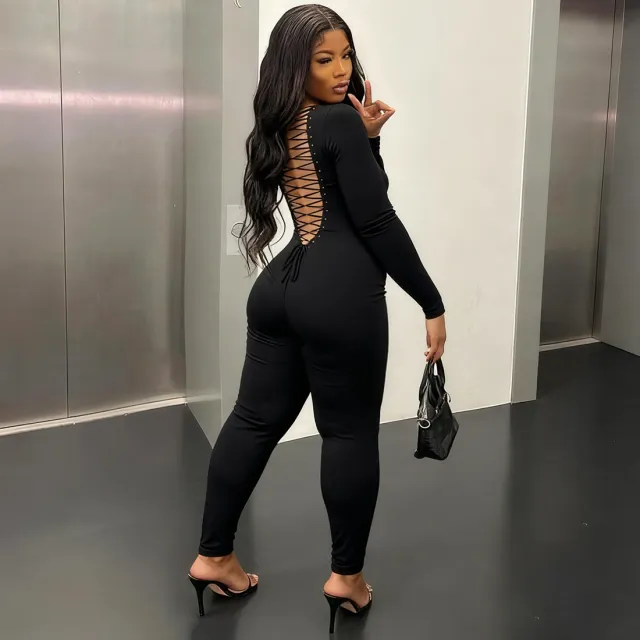 New Womens Fashion Solid color Sexy Hollow out Backless Bodycon Jumpsuit Black - Shop at LoveMi