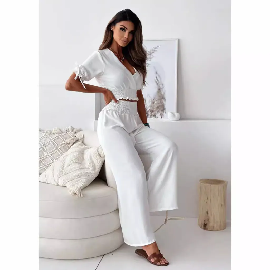 Fashion Women's Wear Half Sleeve Trousers Suit - 109213 White
