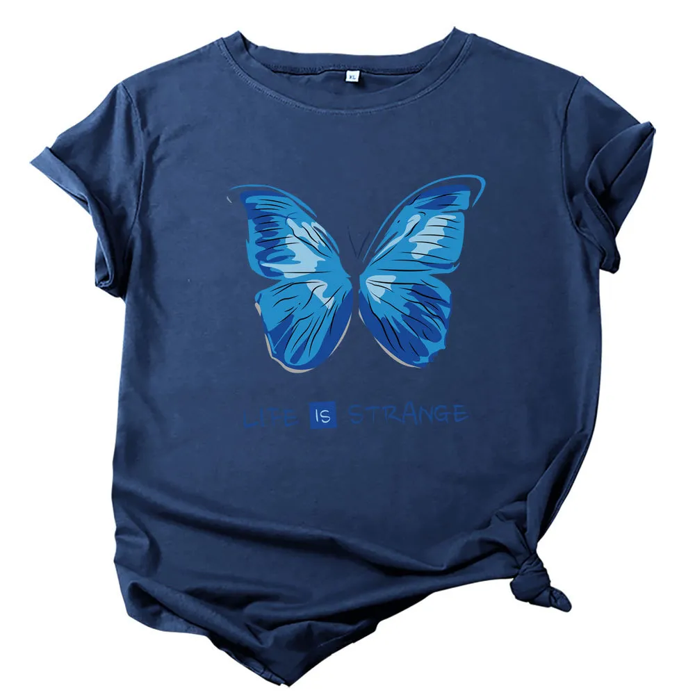 Printed Cotton Short Sleeve T-shirt Top - Blue