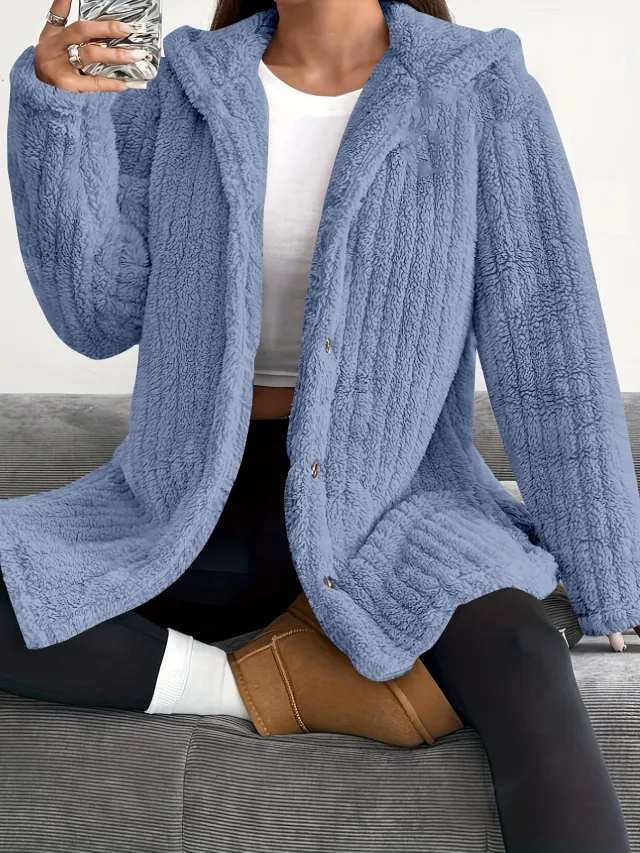 Hooded Loose Plush Coat Women's Regular Sleeve Blue - Shop at LoveMi
