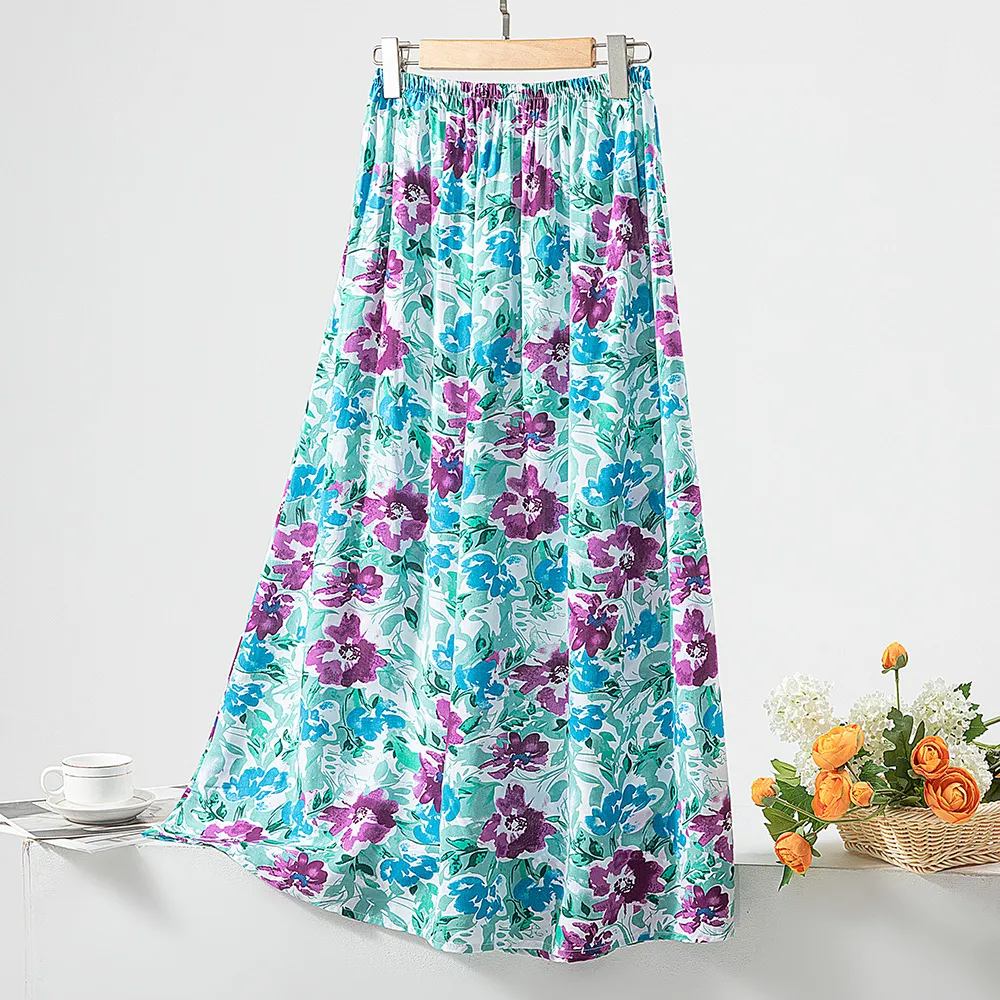 Women's Loose Sweet Cotton Silk Skirt - Blue Purple Flower