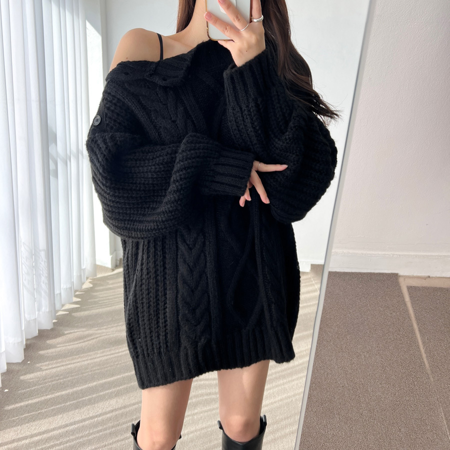 Retro Simple Round Neck Side Buckle Off-the-shoulder Design Dress 7 Retro Simple Round Neck Side Buckle Off-the-shoulder Design Dress