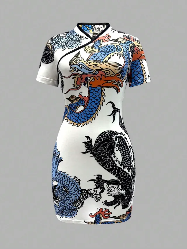 Women's New Chinese style Ethnic Print Dress Blue - Shop at LoveMi