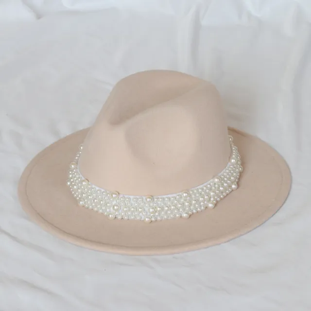 Handmade Pearl Top Hat Big Brim Fur Felt Hat Beige - Shop at LoveMi