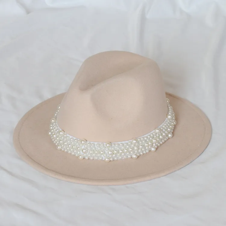 Handmade Pearl Top Hat Big Brim Fur Felt Hat - Beige