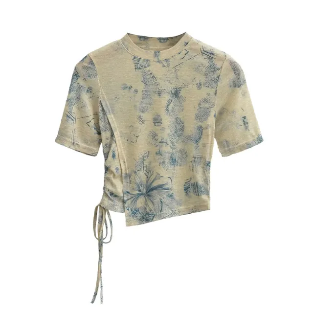New Painting Butterfly Mesh Short Sleeve Summer Asymmetric Slim fit Shoulder T shirt Yellow - Shop at LoveMi