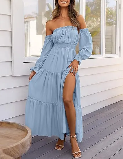 Elegant High waisted A line Layered Maxi Skirt With A Side Slit Blue - Shop at LoveMi