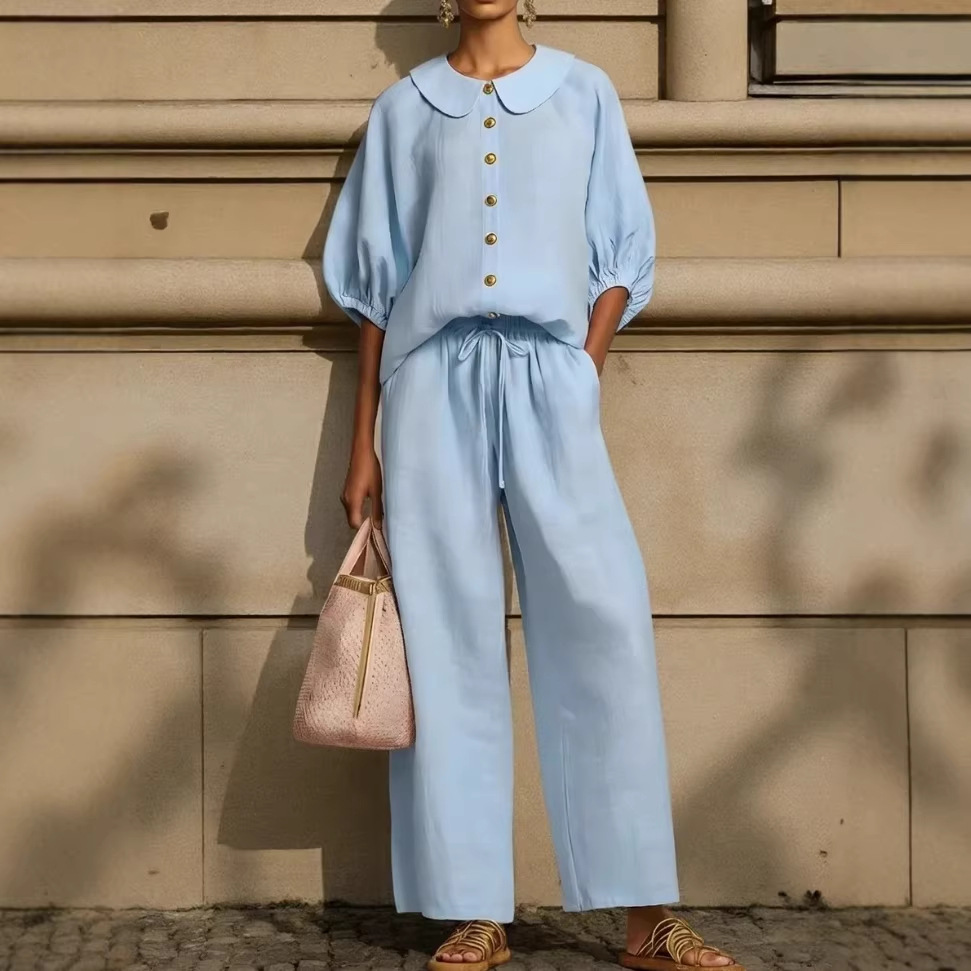 Fashionable Collar Shirt And Wide-Leg Pants Linen Two-Piece Set