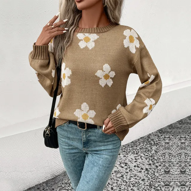 New European And American Fashion Women's Wear Long Sleeve Brocade Sweater Khaki - Shop at LoveMi