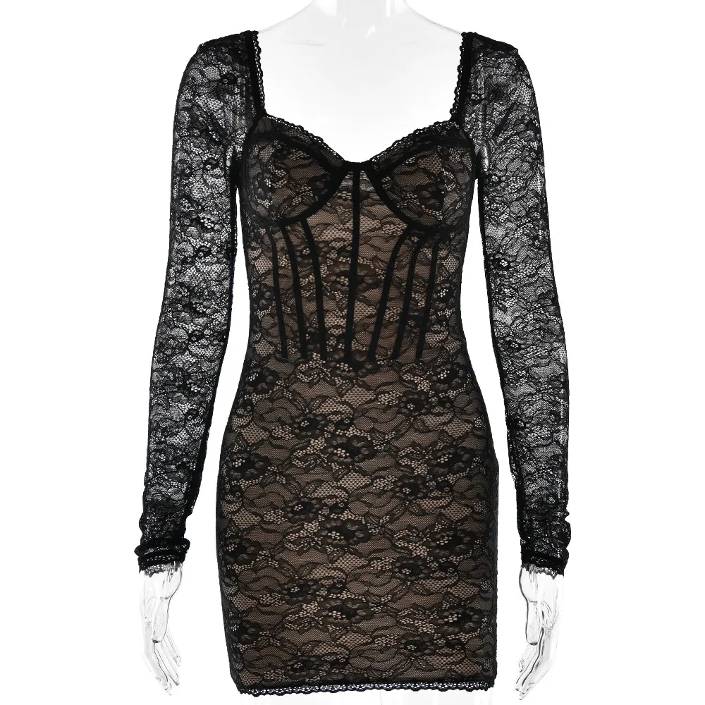 Sexy V-neck Long Sleeve Lace Dress - Black