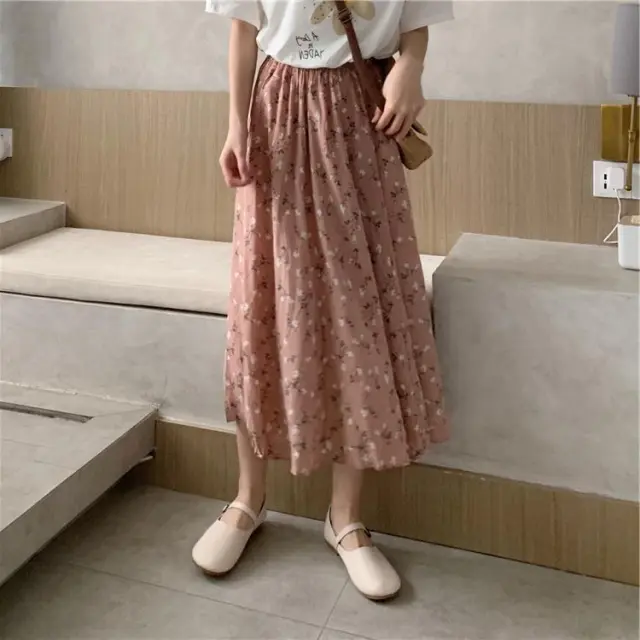 Chiffon Floral Skirt Women's Summer New High Waist Midi Skirt Pink - Shop at LoveMi