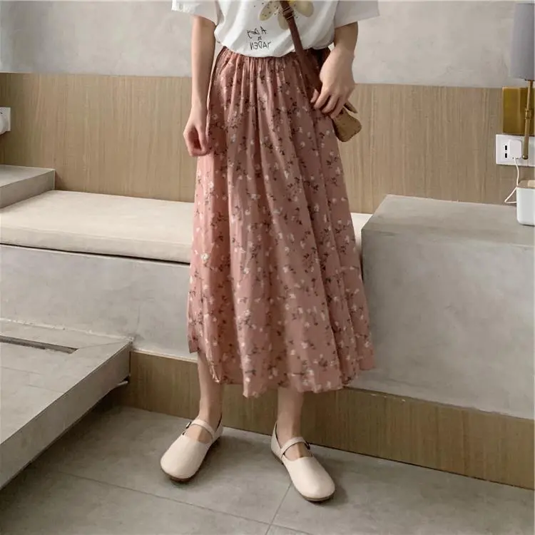 Chiffon Floral Skirt Women's Summer New High Waist Midi Skirt - Pink