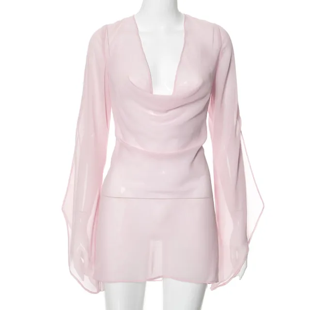 Women's Sheer Long Sleeve Backless Dress Pink - Shop at LoveMi