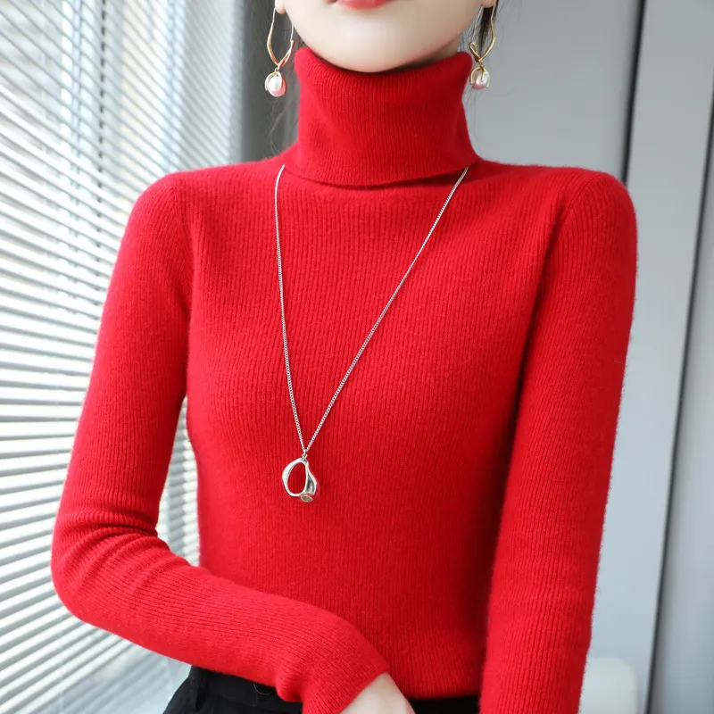 Slim Fit Women's Turtleneck Short Pure Wool Sweater - Bright Red