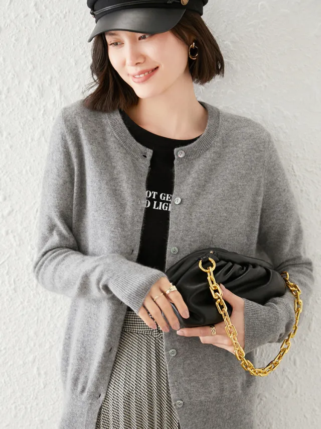 Knitted Pure Wool Round Neck Plain Sweater Gray - Shop at LoveMi