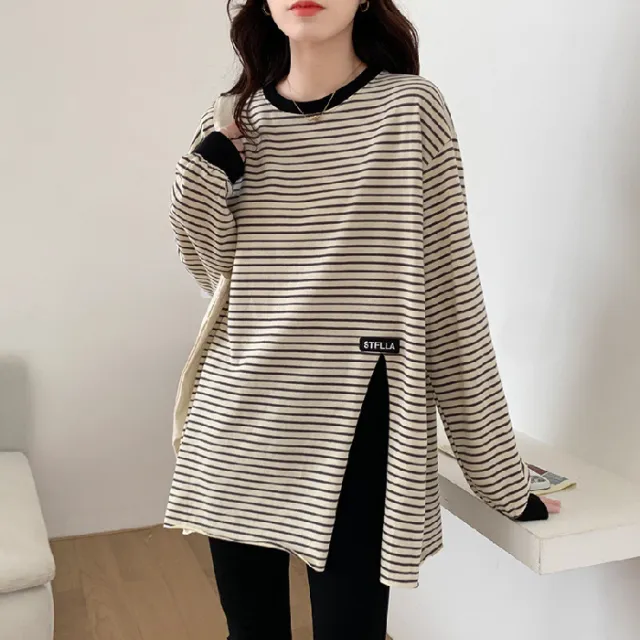 Autumn And Winter Dralon Striped Long Sleeves Apricot - Shop at LoveMi
