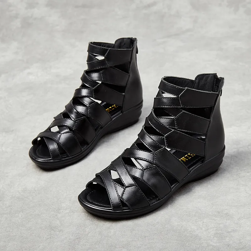 Women's Fashion Wedge Flat Sandals - Black