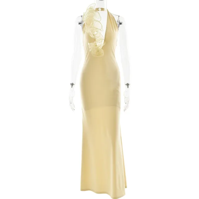 Elegant Slim fit Halter Long Dress Sexy Backless Sheath Dress Yellow - Shop at LoveMi