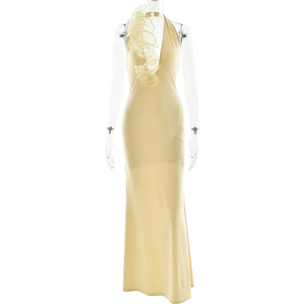 Elegant Slim-fit Halter Long Dress Sexy Backless Sheath Dress - Yellow