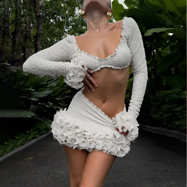 European And American Fashion Women's Wear Long Sleeve Short Top Ruffled Half length Skirt Outfit White - Shop at LoveMi