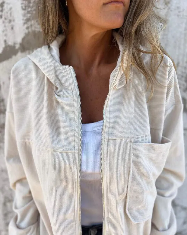 Women's Solid Color Simple Corduroy Hooded Jacket Milky White - Shop at LoveMi