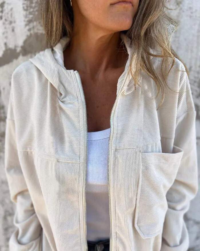 Women's Solid Color Simple Corduroy Hooded Jacket - Milky White