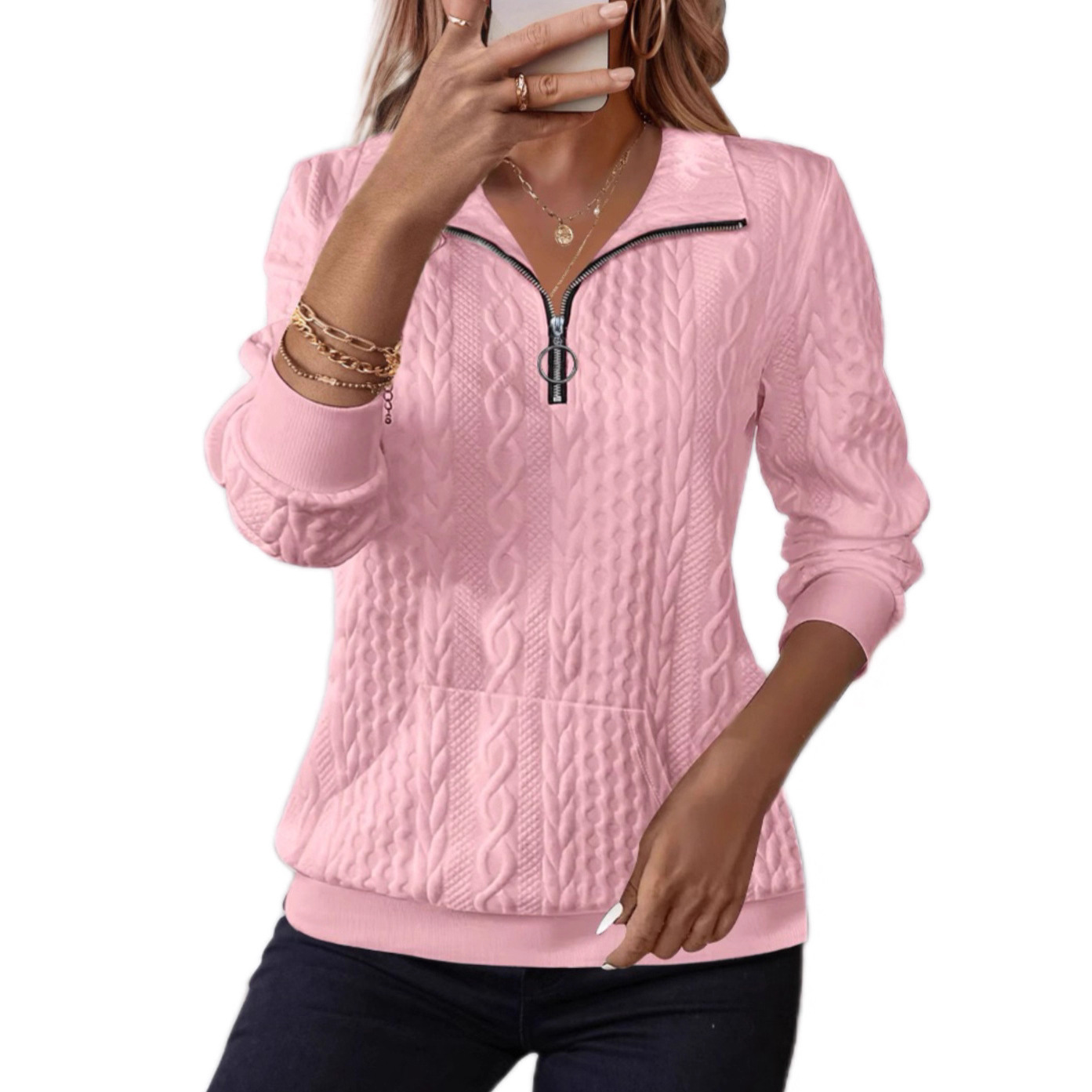 Womens Half-Zip Long-Sleeve Hoodie With A Casual Turn-Down Collar