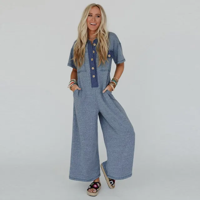 Summer New Color Matching Casual Loose High Waist Wide Leg Jumpsuit Blue - Shop at LoveMi