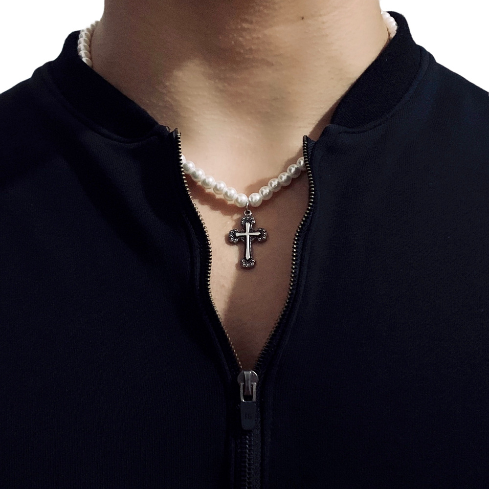 Cross Pearl Necklace For Men And Women Trendy Light Luxury