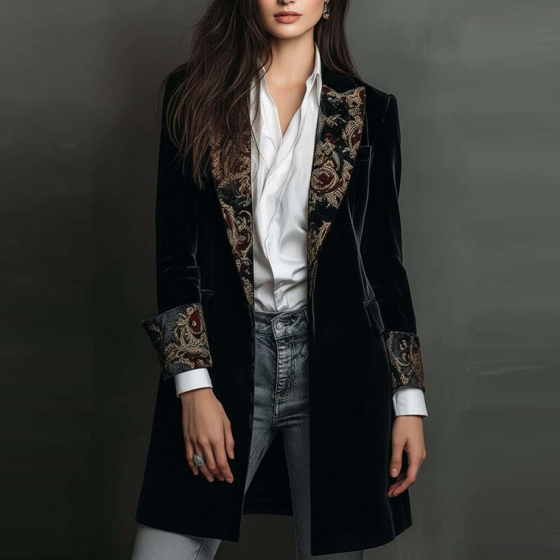 Velvet-Panel Mid-Length Blazer For Women