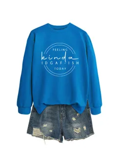 Elegant Women's Round Neck Long-sleeved Sweater - Lake Blue White Font - View 1